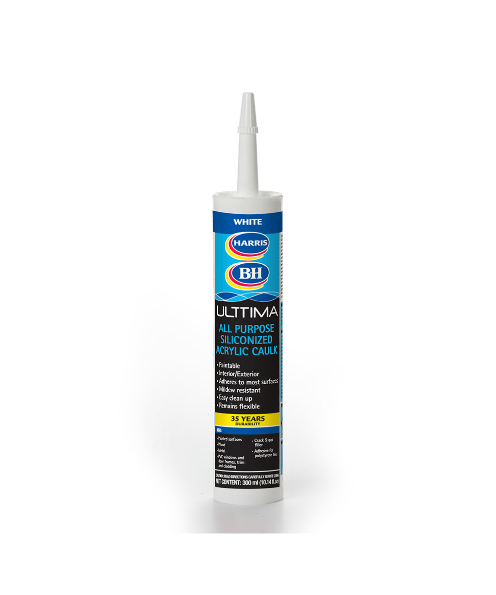 Harris All Purpose Siliconized Acrylic Caulking White, available at Harris Paints and BH Paints in the Caribbean.