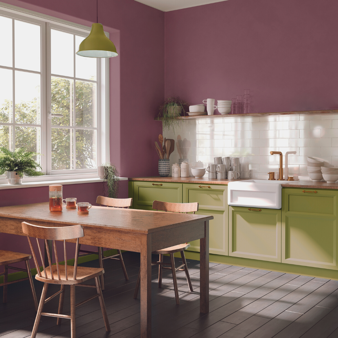 Harris Paint Colour of the Year: Prosperity 0107 paint colour in a kitchen with green cabinetry