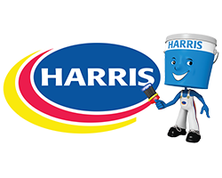 Harris Paints color logo, with Harris blue an standing on the right with paint brush