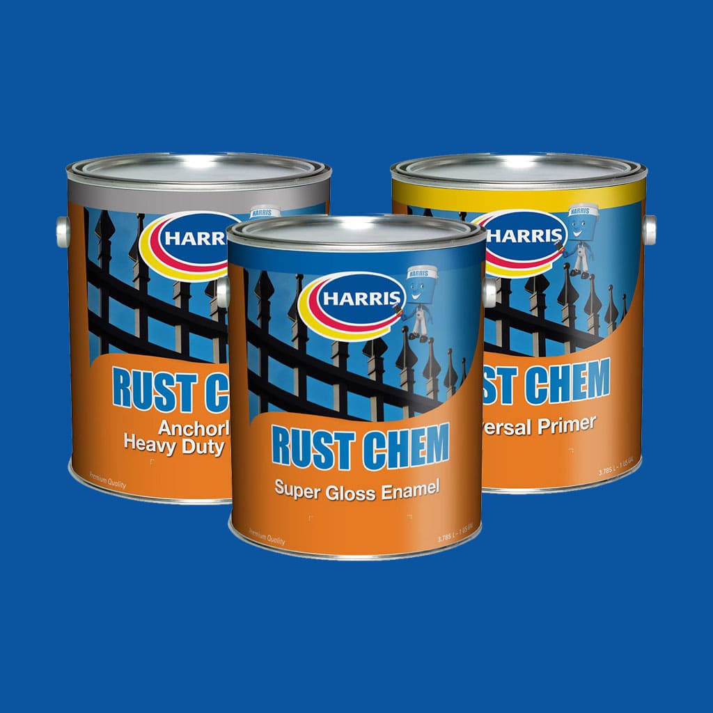 three gallons of Harris Paints Rust Chem on a blue background
