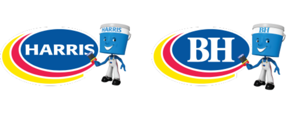 Two mascots holding 'Harris' and 'BH' logos on a white background