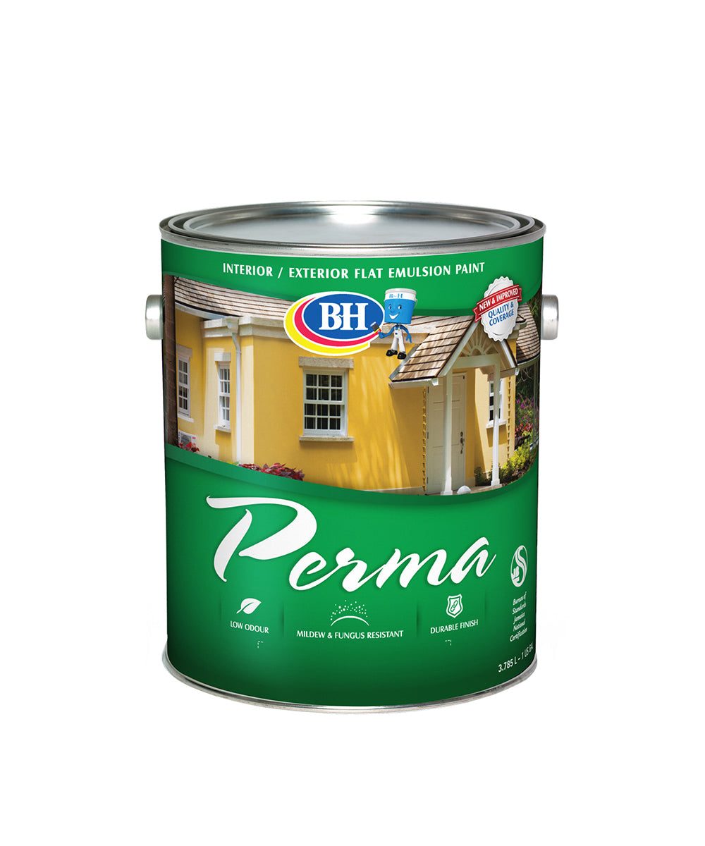 BH Paints Perma Interior / Exterior flat emulsion paint, available at BH Paints in Jamaica, Antigua and Belize.