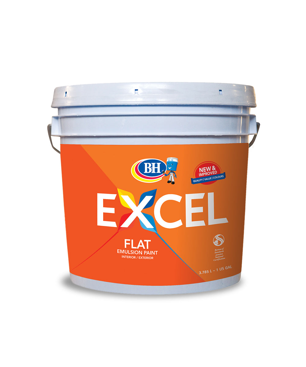 BH Paints Excel Flat Emulsion Paint in a 1 gallon pail, available at BH Paints in Jamaica, Antigua and Belize.