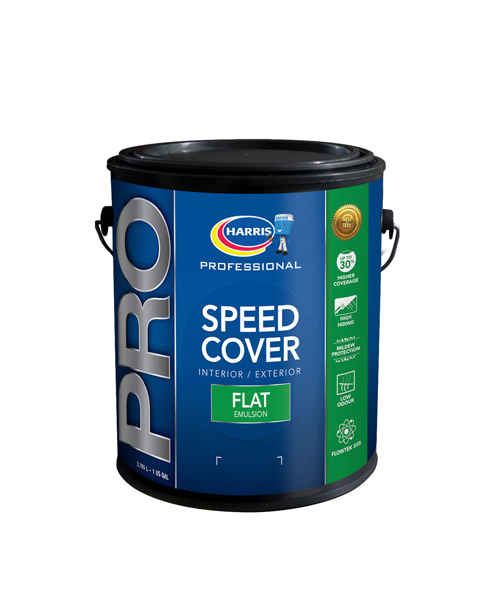 Harris Pro Speed Cover Interior & Exterior Flat Emulsion, available at Harris Paints in the Caribbean.