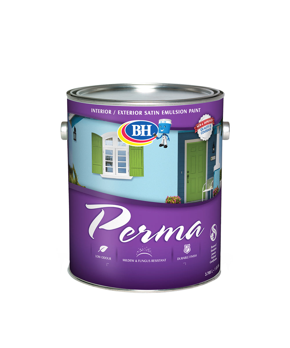 BH Paints Perma Interior / Exterior satin emulsion paint, available at BH Paints in Jamaica, Antigua and Belize.