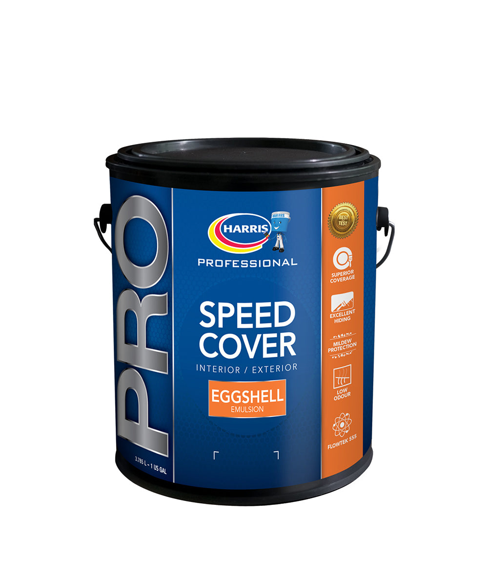 Harris Pro Speed Cover Interior & Exterior Eggshell Emulsion, available at Harris Paints in the Caribbean.