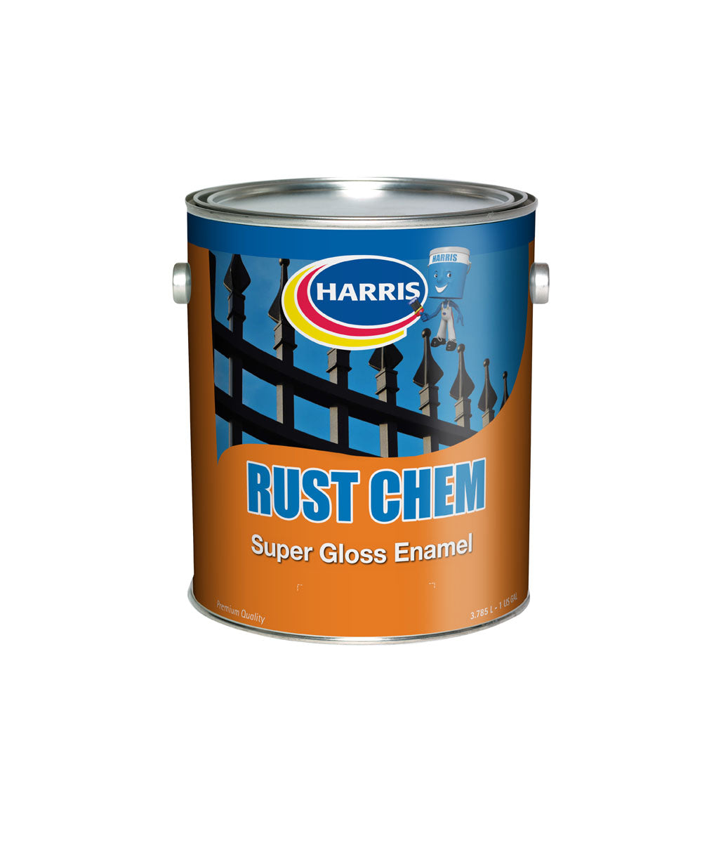 Harris Paints rust chem super gloss enamel, available at Harris Paints in the Caribbean.